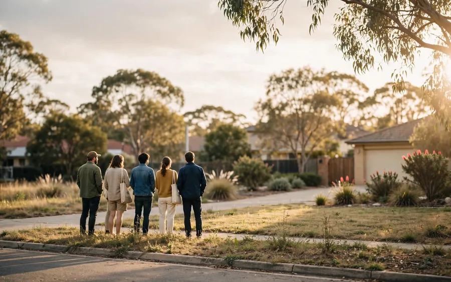 Auctioneer taking bids outside a brick home in Melbourne's south east on a Saturday morning
