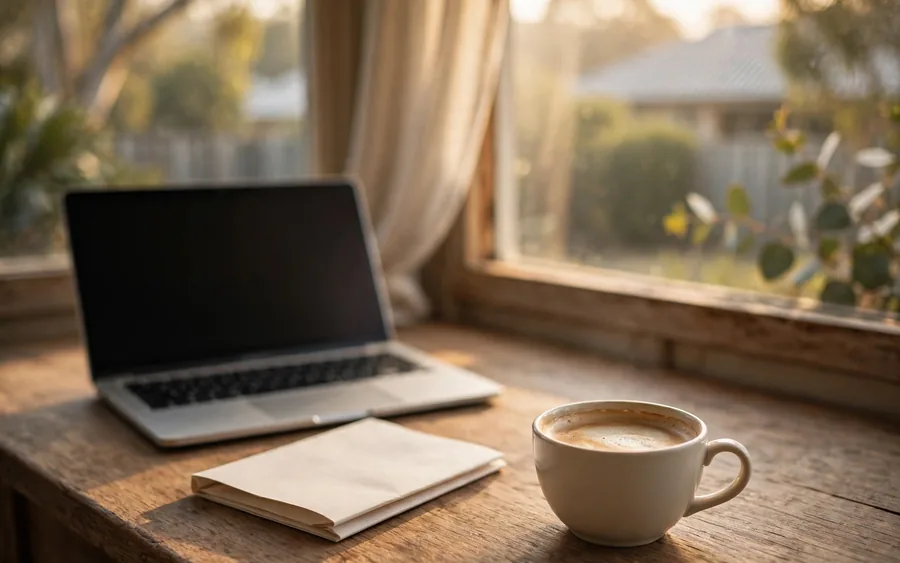 A laptop, notebook and coffee on a warm timber desk