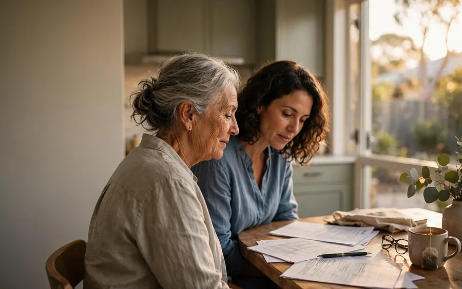 Two people at a kitchen table reviewing a South Australian property transfer and a council rates notice