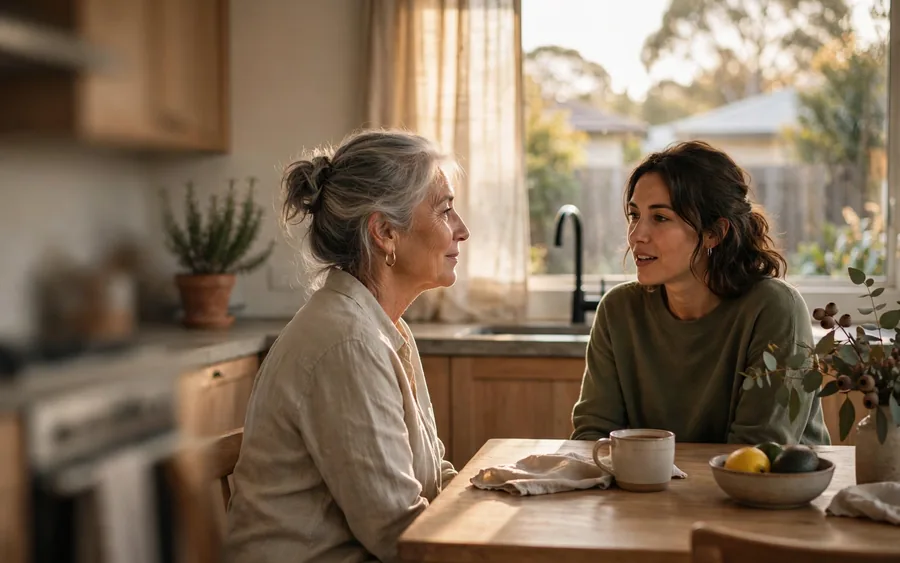 Two people at a kitchen table reviewing property transfer paperwork with a set of house keys beside them