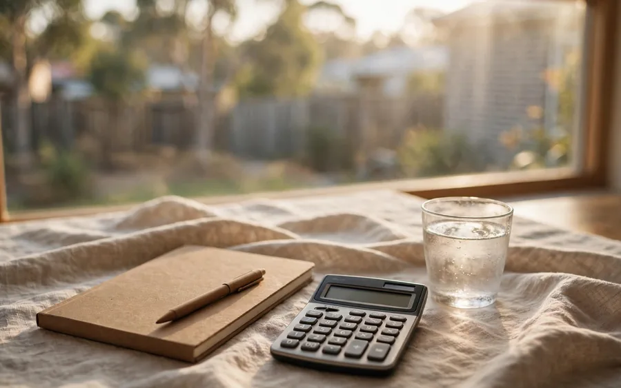 A calculator, a contract of sale and a set of house keys on a table, representing South Australian stamp duty on a home purchase