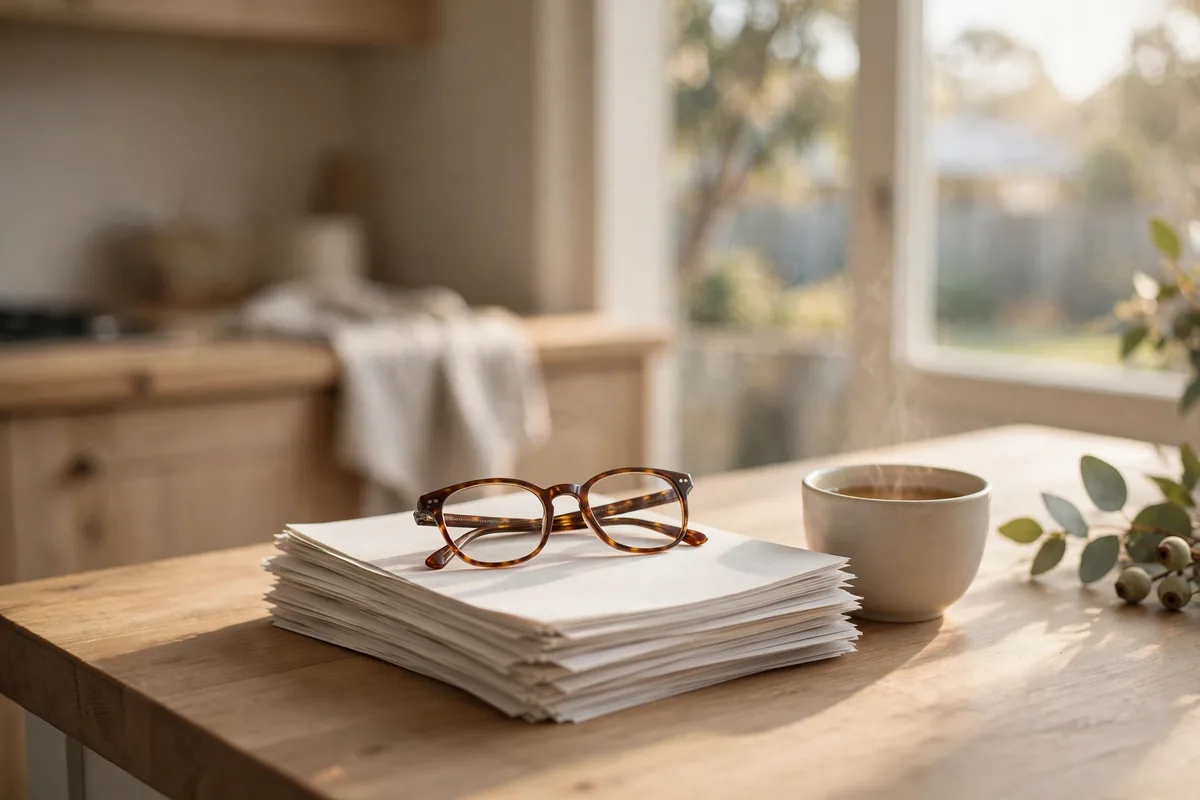 Reading glasses resting on printed contract pages beside a cup of tea