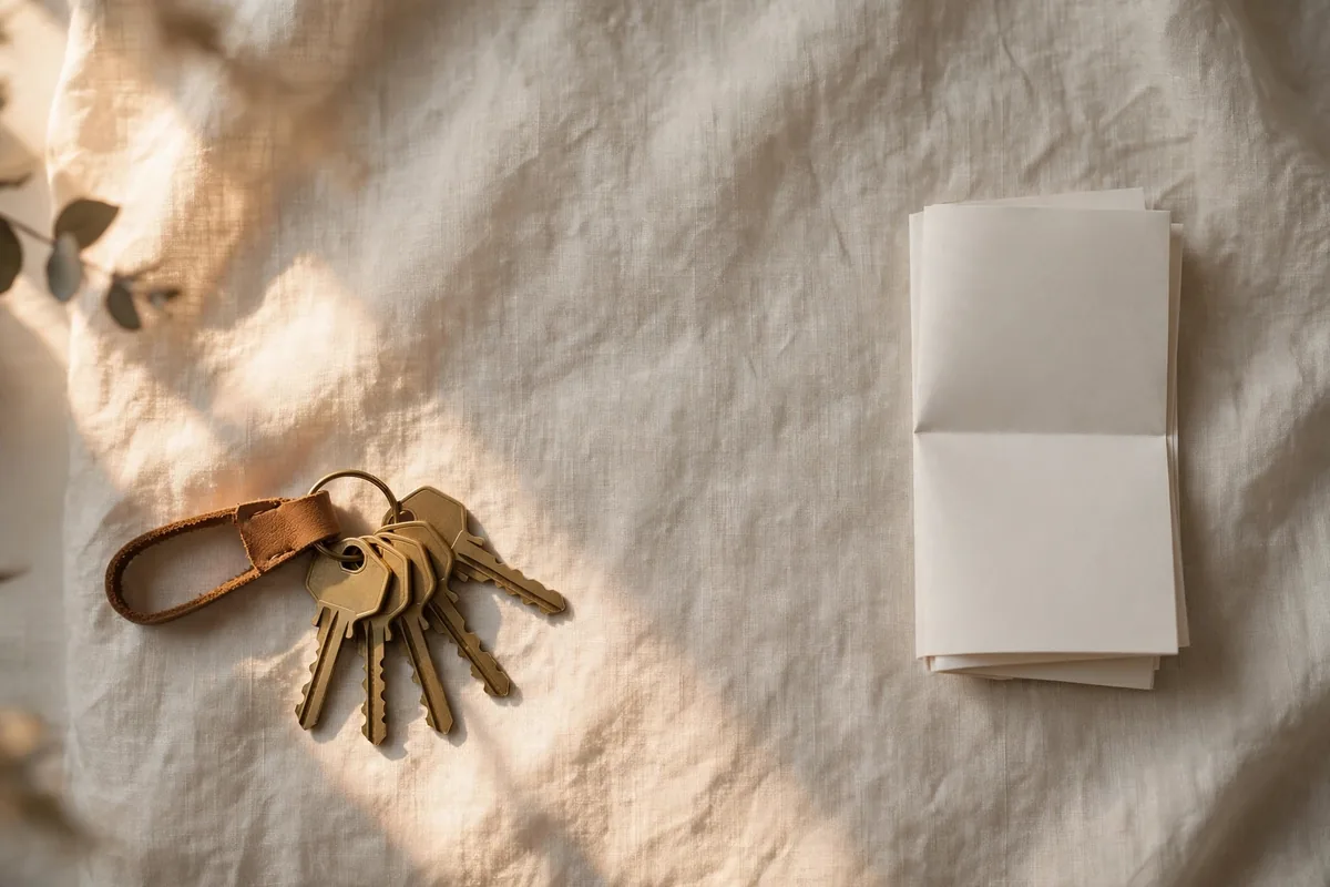 House keys on a linen surface beside a folded contract