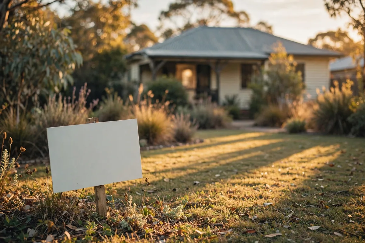 A For Sale sign in a sunlit Australian front garden in late afternoon