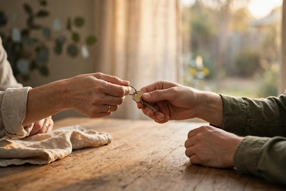 Two pairs of hands passing a single house key across a wooden table