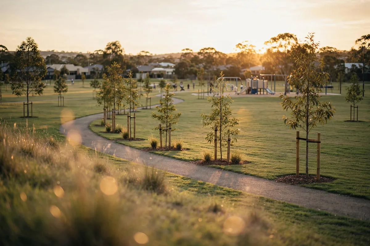 A master-planned estate park in Cranbourne East at golden hour