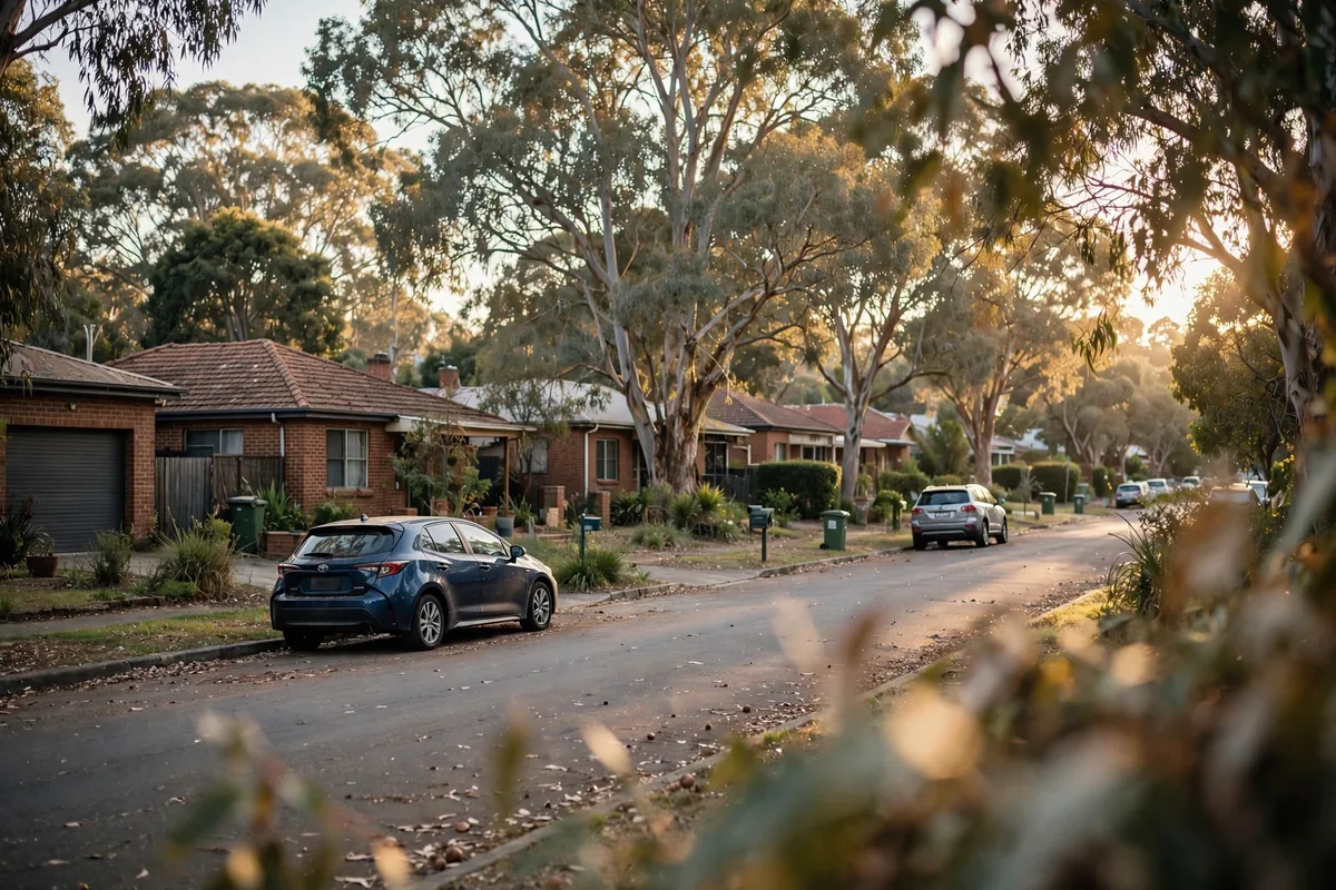A leafy established street in Cranbourne in late afternoon light